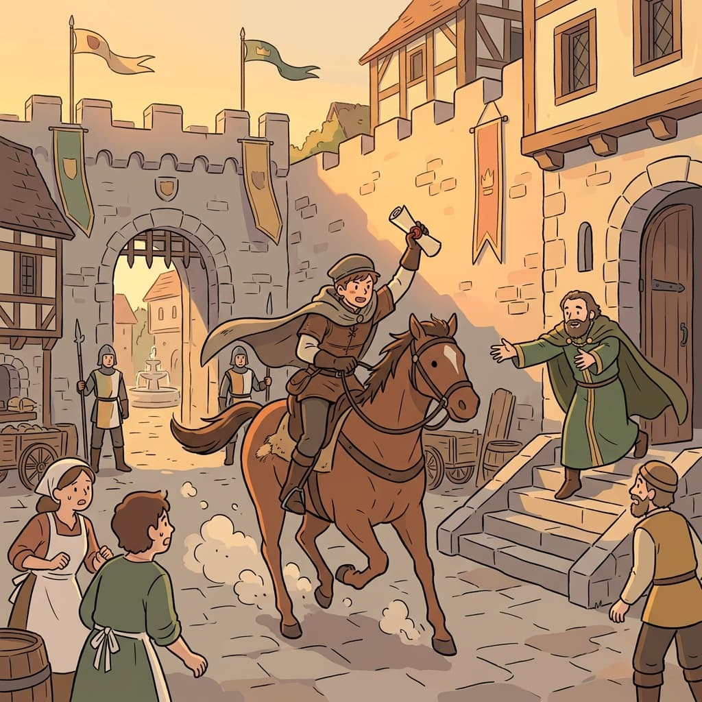 A royal messenger gallops into the castle courtyard with an urgent sealed letter.