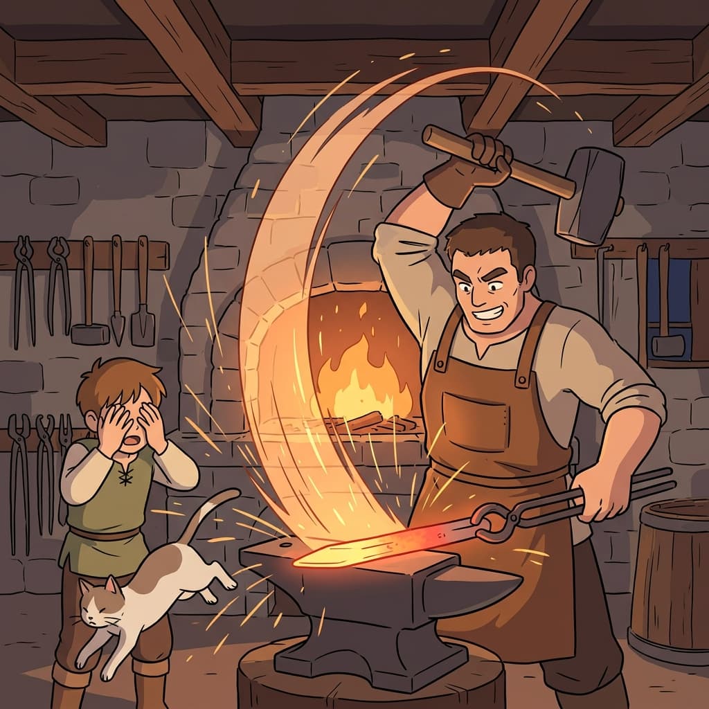The blacksmith hammers glowing metal into a sharp blade.