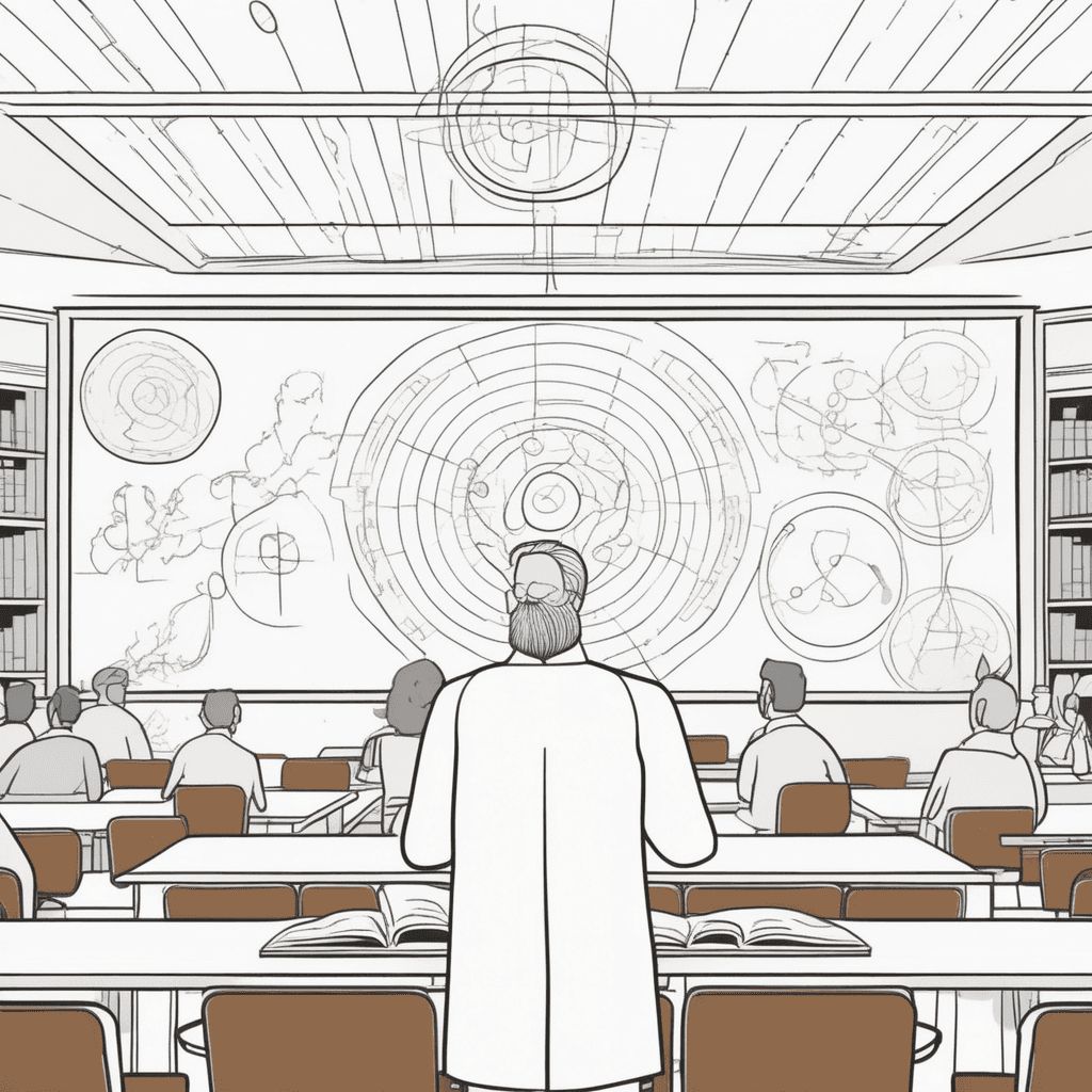 a bearded philosophy professor gestures toward a complex diagram showing concepts like existence, reality, and truth represented by floating symbols and interconnected circles. He points upward while explaining deep abstract ideas that cannot be physically touched or seen. The diagram transforms from simple shapes into swirling patterns representing the nature of being and causality. A curious student sits forward, her eyes widening as she grasps these invisible concepts about the fundamental nature of reality. Other students in the background look puzzled while trying to understand these abstract principles. someone engaged with metaphysical subjects concerned with abstract thought about existence, causality, and truth