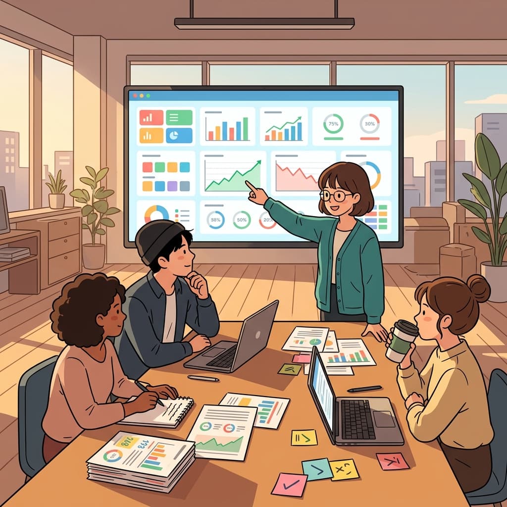 The marketing team reviews the campaign's metrics on a glowing dashboard screen.