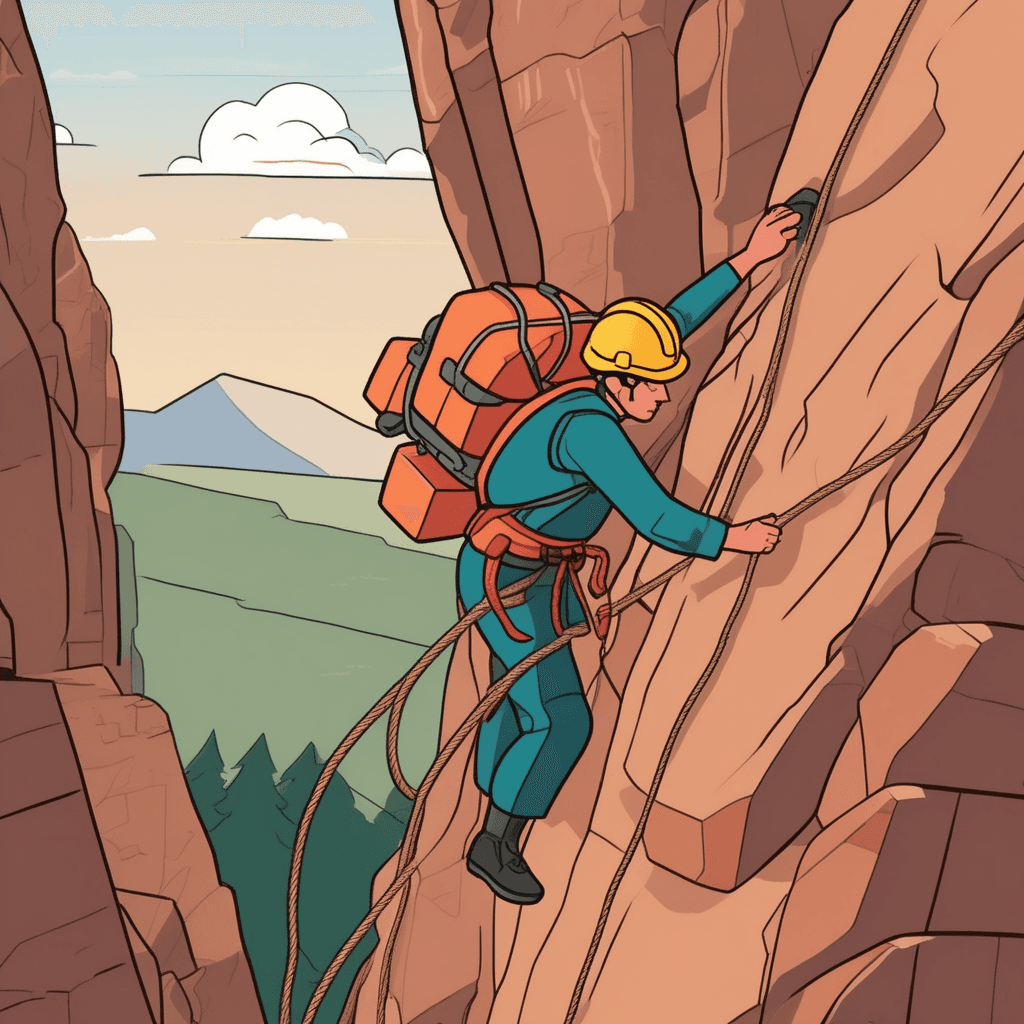 a determined rescue worker scales a steep cliff face while carrying heavy rope equipment. She reaches toward a stranded hiker trapped on a narrow ledge above dangerous rocks below. Despite strong winds whipping her hair and the obvious peril of the situation, her face shows unwavering focus and brave resolve. The stranded hiker looks relieved as help approaches through the treacherous conditions. Other rescue team members below watch anxiously while securing safety lines. Birds scatter from the cliff as loose rocks tumble past the climbers. someone displaying courage and determination in a spirited and brave manner