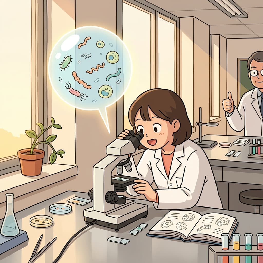 The student peers into a microscope, exploring microbiology one tiny cell at a time.