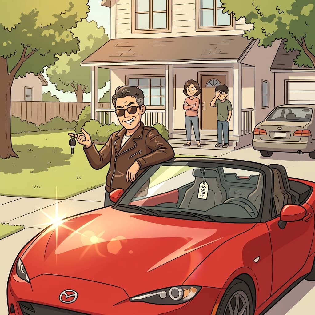 At forty-five, he bought a red convertible — classic midlife move.