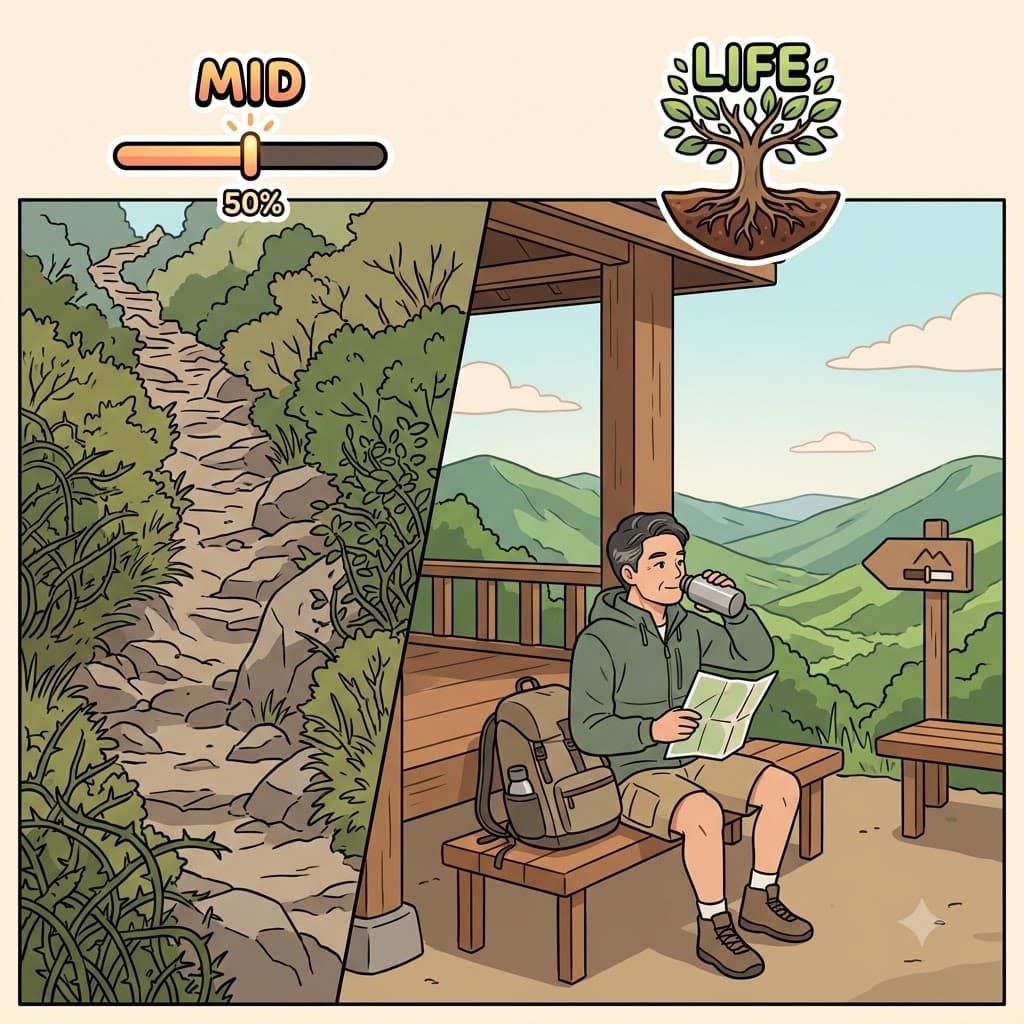 MID (middle) + LIFE (lifelong journey) — by pausing at the exact MID (center) point of the trail's LIFE (span), the hiker enjoyed the view in midlife.