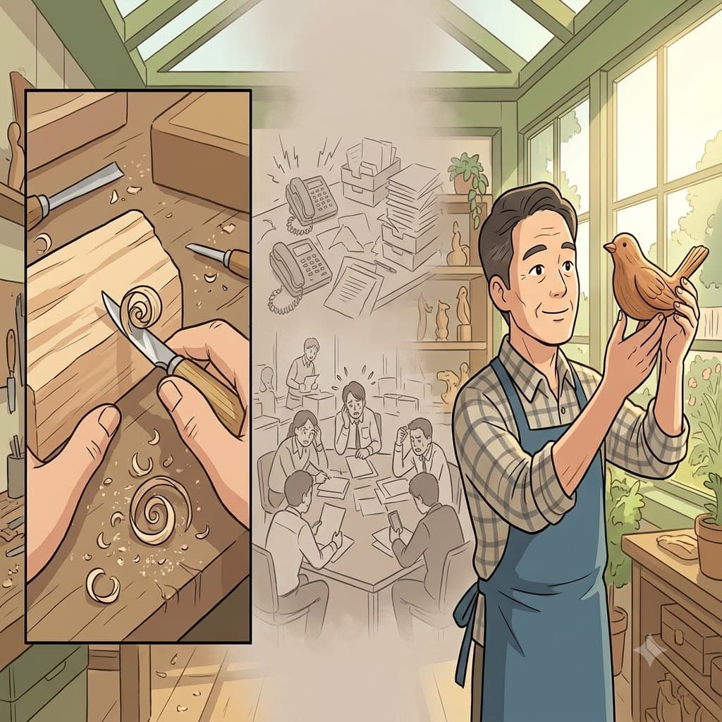 Carving sweet cedar with a craft knife and letting go of youthful ambition and strife, he discovered newfound joy in midlife.