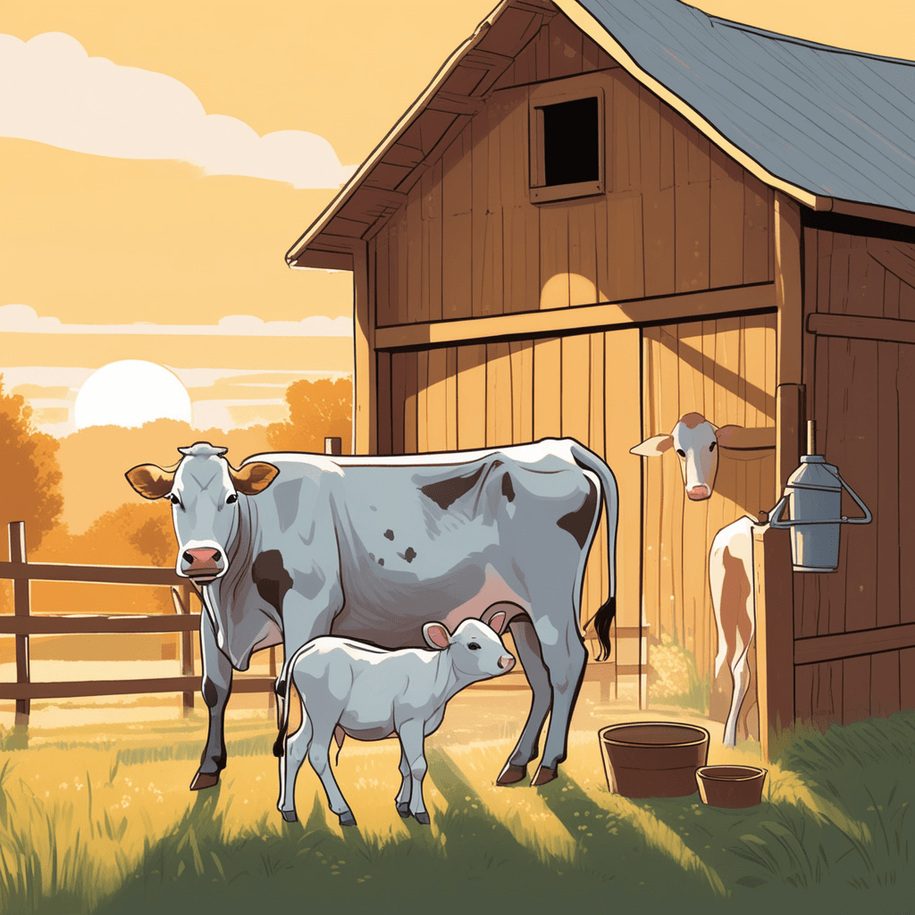 A milk-giving cow nourishes her calf with nutritious white liquid in a barn