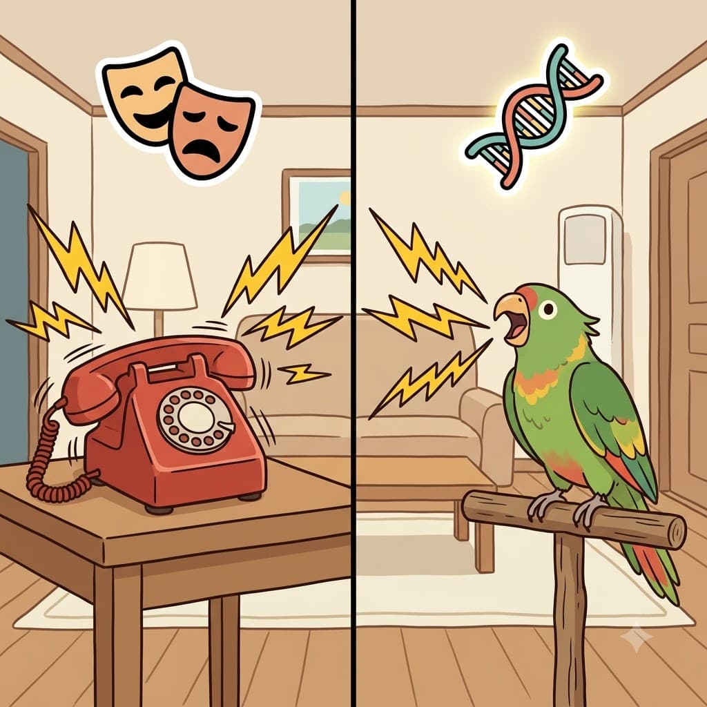 MIM(copy) + IC(nature) — using its natural IC(nature) to perfectly MIM(copy) sounds, the genius parrot loved to mimic the ringing telephone.