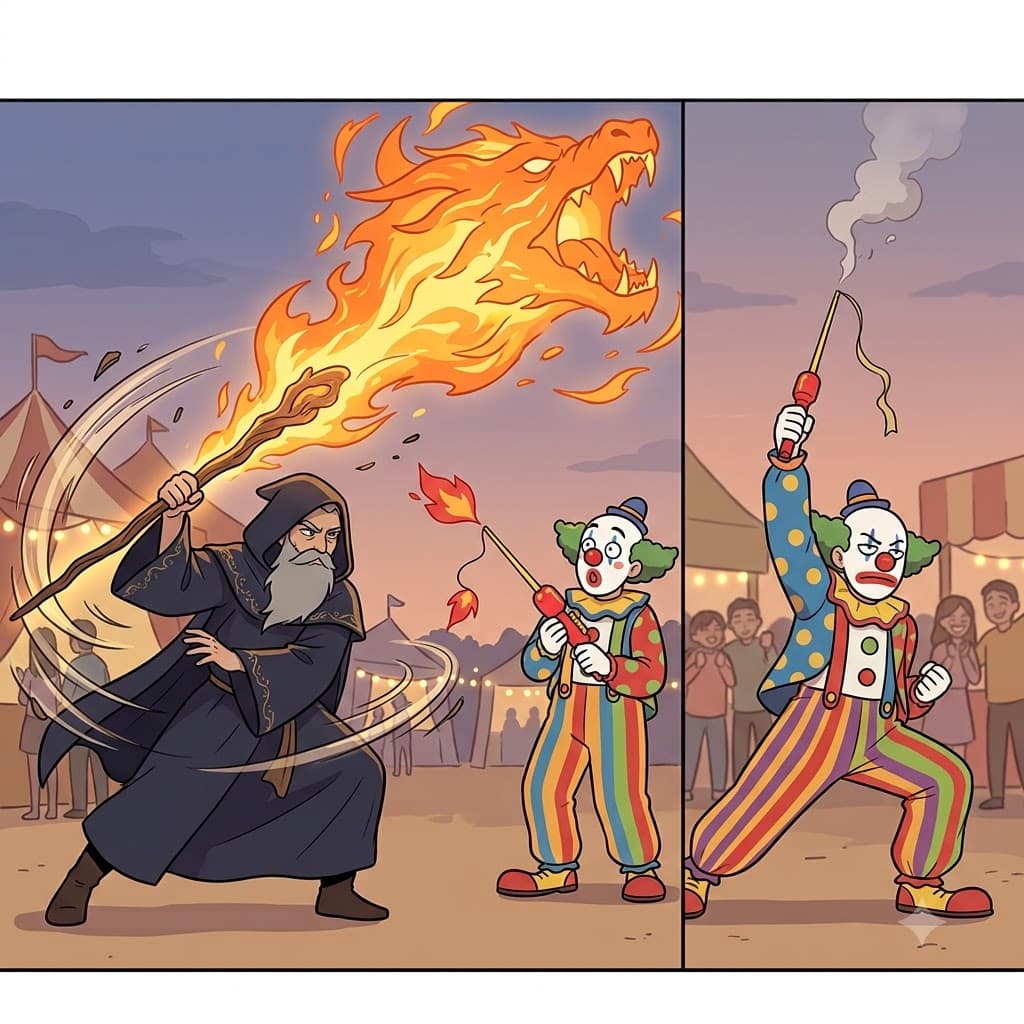 Using a cheap plastic magic gimmick, the silly clown tried to precisely mimic the powerful wizard's legendary fire spell.