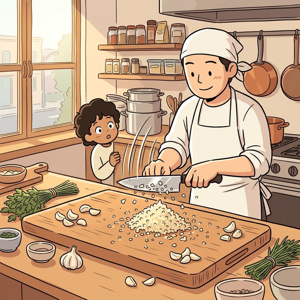 The chef swiftly mince garlic cloves into tiny fragments on the wooden board.