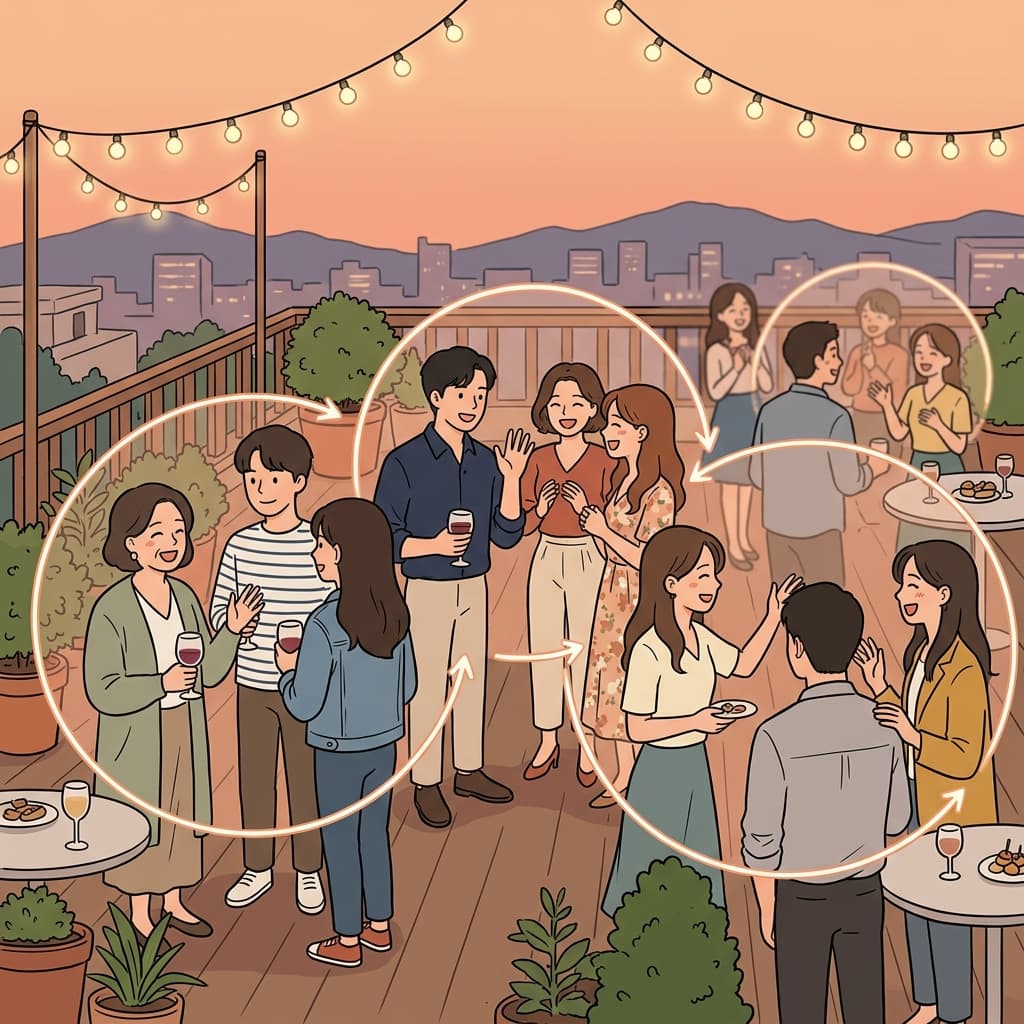 At the rooftop party, strangers mingle with drinks in hand, laughing across small circles.