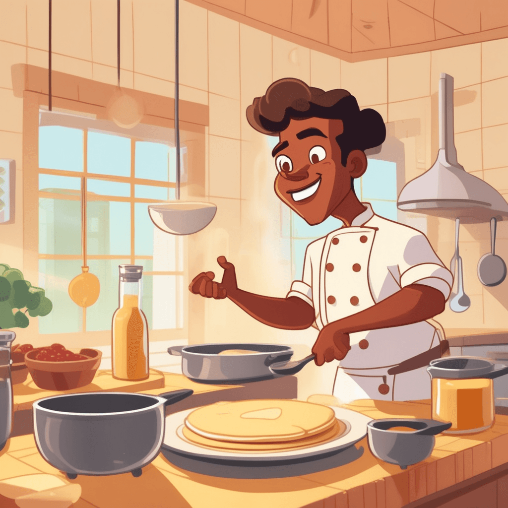 a chef frantically flips pancakes while glancing at an hourglass-style timer on the counter. Steam rises from the pan as golden pancakes sizzle and bubble on the surface. The timer shows sand falling steadily through the narrow opening, marking the cooking time. As each pancake cooks, the chef counts the timing carefully before flipping to avoid burning. A kitchen assistant nearby points at another timer while organizing plates for serving. The family members at the table tap their fingers impatiently as they wait. a period of time equal to sixty seconds passing during the cooking process