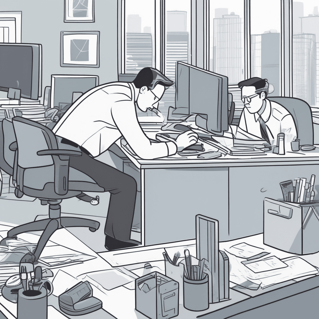 a worker hunches over their desk with a magnifying glass, carefully adjusting the spacing between individual letters on a document. They use tweezers to move a single comma by millimeters while their deadline looms. Their colleague stands behind them pointing at a clock, looking exasperated as important tasks pile up on the desk. Other workers rush past carrying urgent files while this person remains fixated on microscopic formatting details. someone getting lost in small or minor details while ignoring more important matters