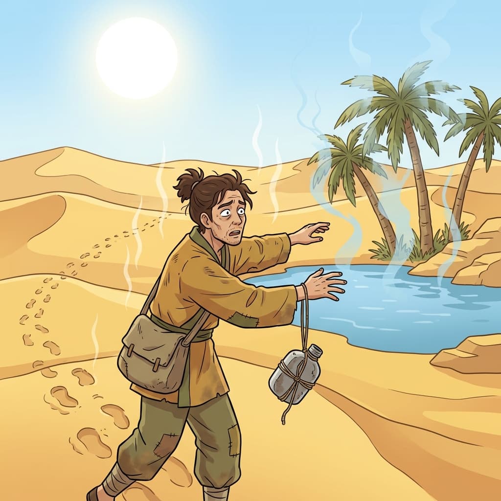The thirsty traveler chased a mirage of water across the burning desert dunes.