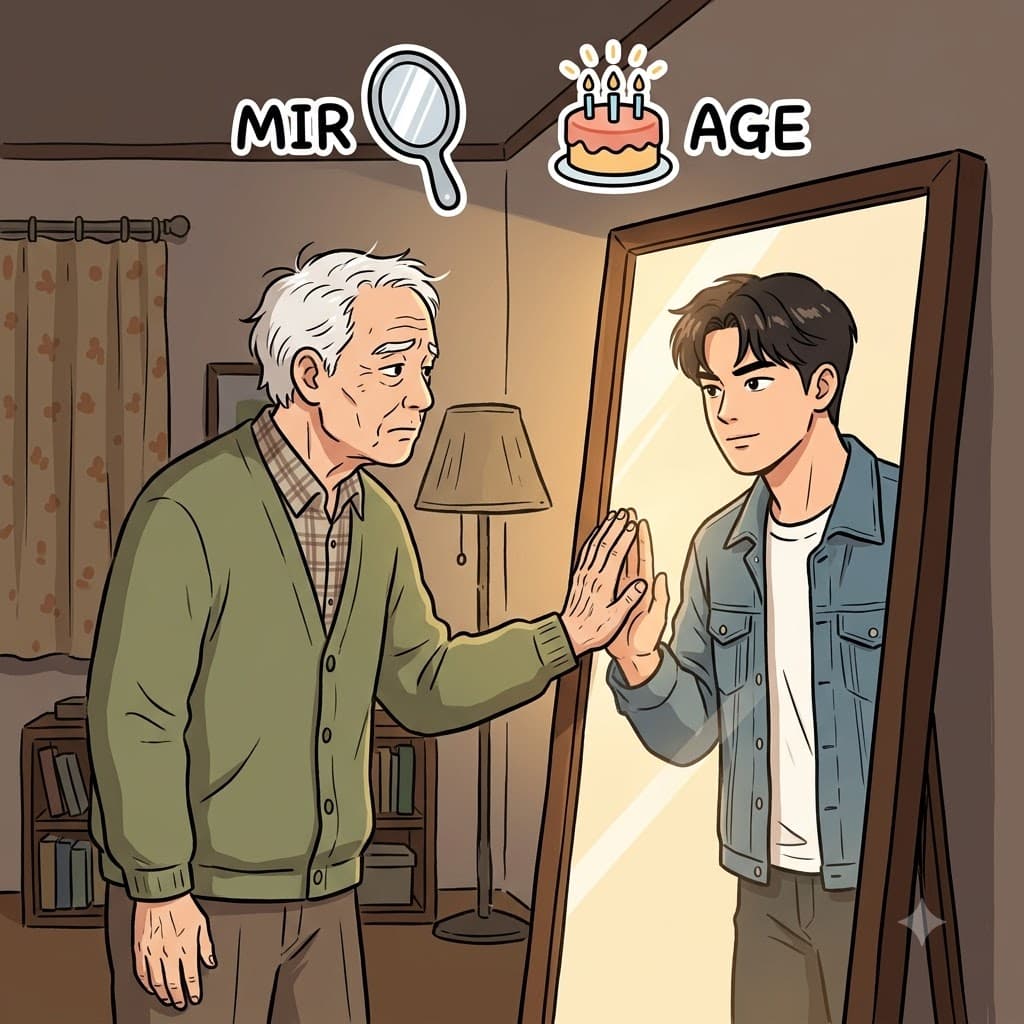 MIR(mirror) + AGE(age) — looking in the MIR(mirror) at his younger AGE(age), the old man realized the youthful reflection was just a mirage.