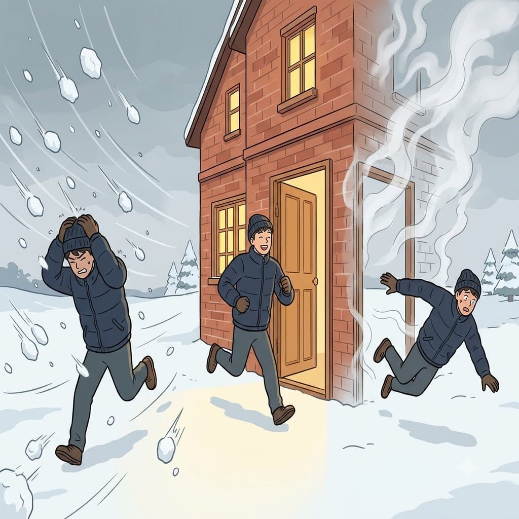 Escaping the heavy ice barrage, he ran toward the warm garage, only to find it was a cruel mirage.