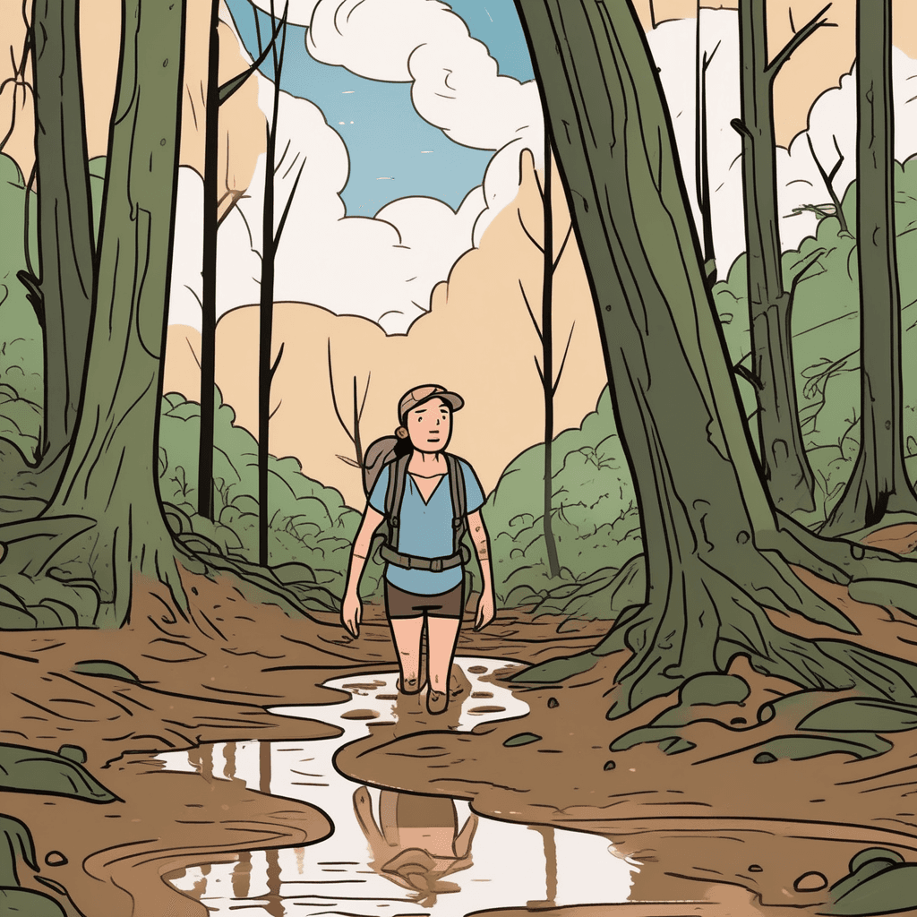 a hiker struggles desperately in knee-deep mud, pulling at their legs with both hands. The thick brown mud clings to their boots and pants, making every movement impossible. The more the hiker tries to pull free, the deeper they seem to sink into the sticky swamp. Their backpack weighs them down as they lean forward, completely unable to escape. A fellow hiker reaches out from solid ground nearby, extending a rope toward the trapped person. Concern shows clearly on the rescuer's face as they witness their friend's predicament. someone completely mired in mud and unable to move