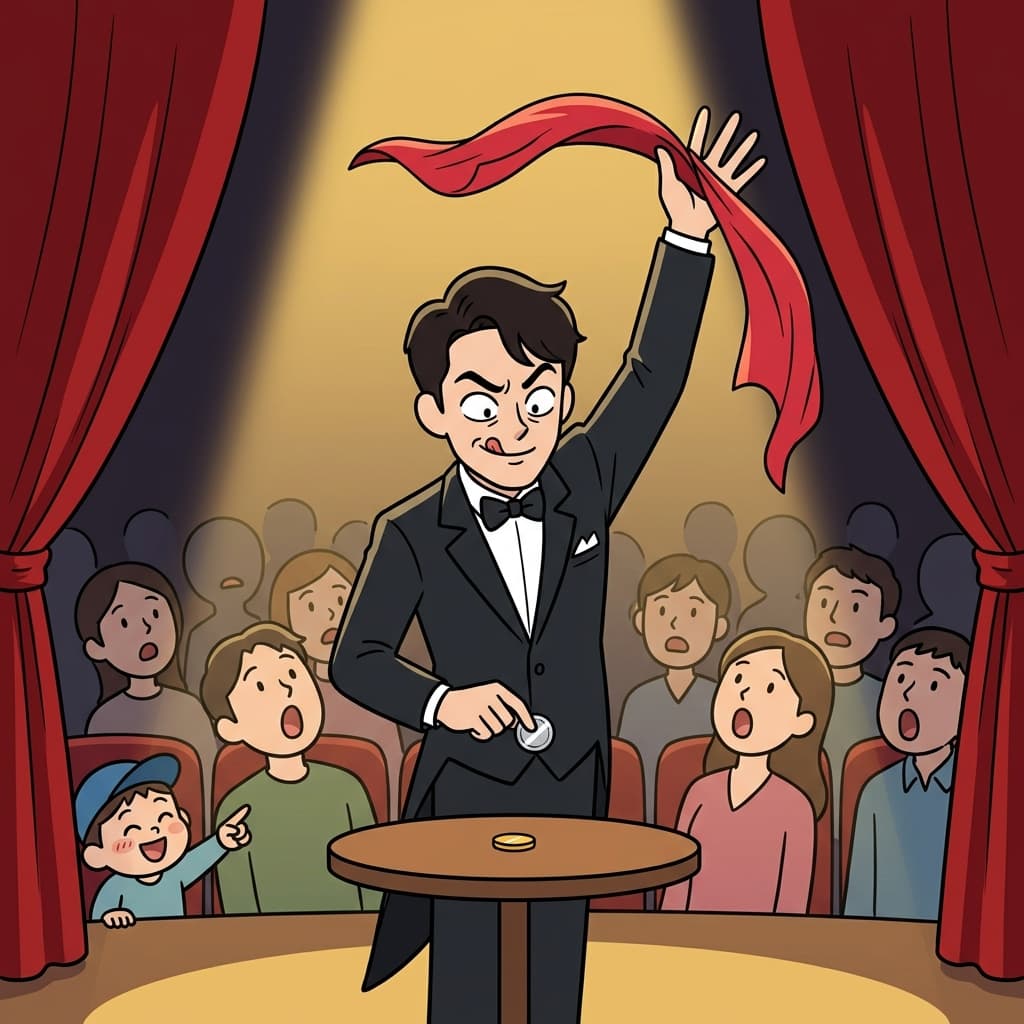 The magician's misdirection makes the audience miss the coin swap entirely.