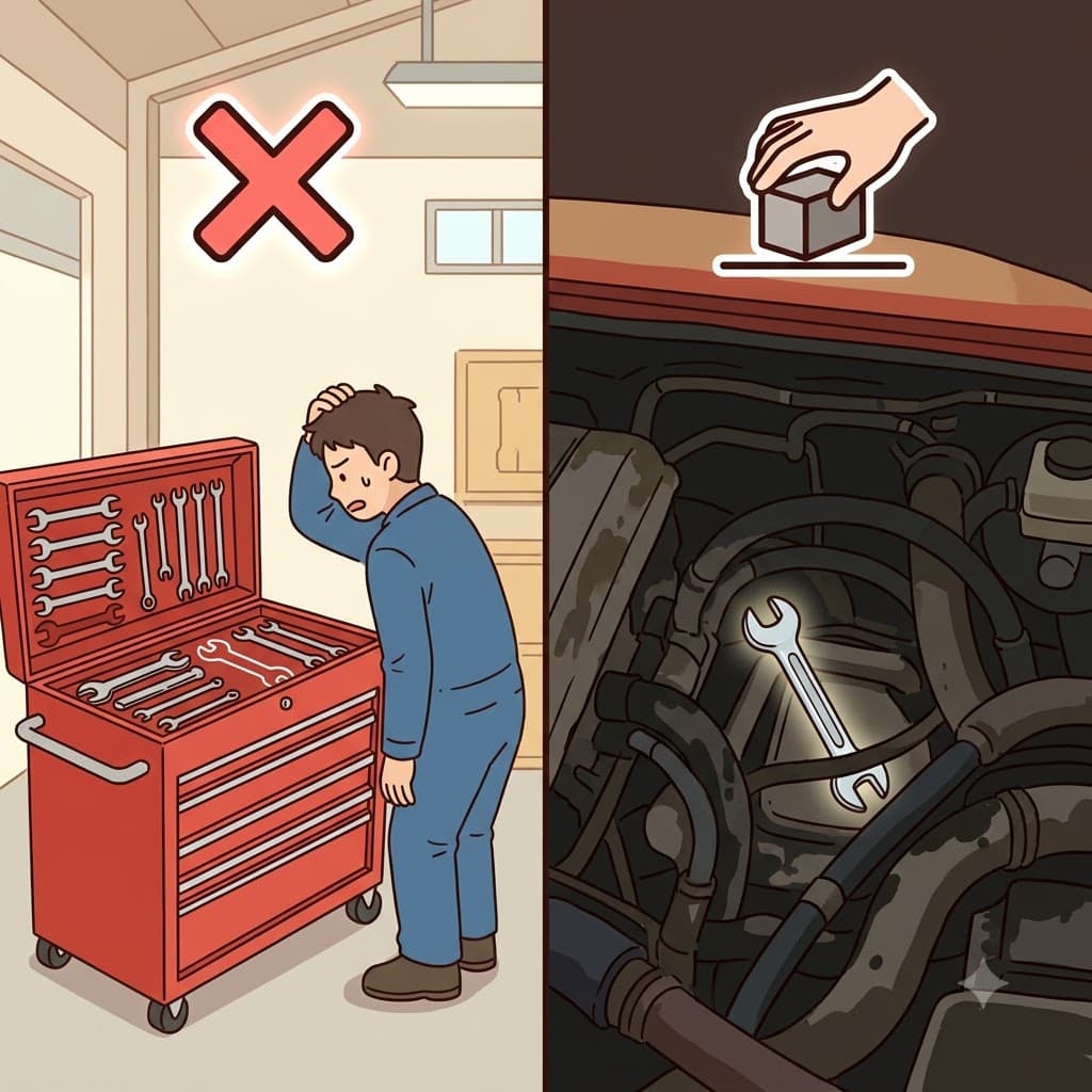 MIS(wrong) + LAY(put) — deciding to LAY his wrench in the completely MIS(wrong) part of the engine caused the mechanic to entirely mislay it.