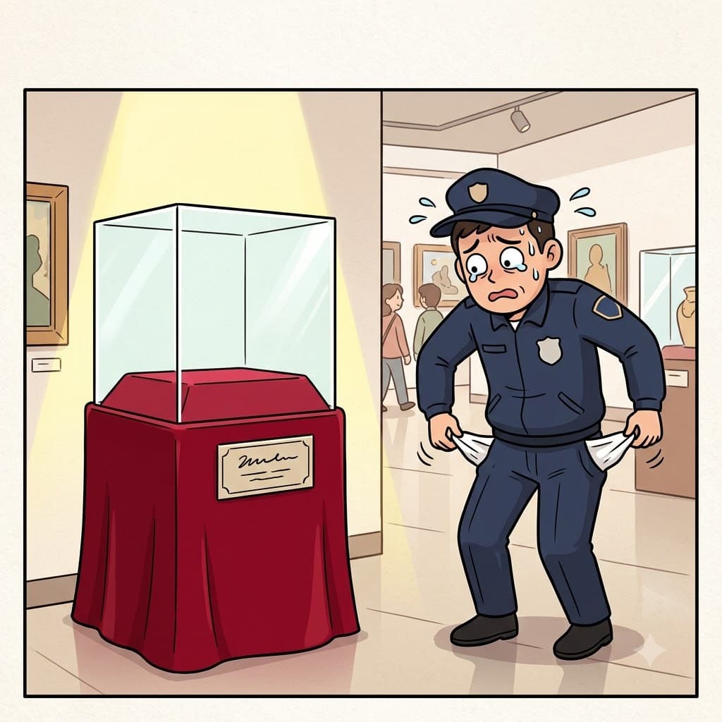 Preparing for the grand museum display, the sweating guard panicked when he managed to completely mislay the precious diamond.