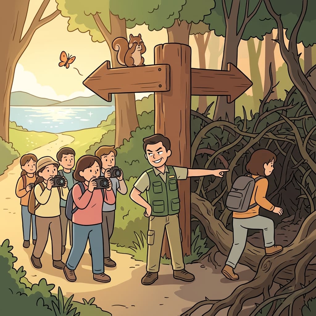 The dishonest guide tried to mislead the tourists down the wrong trail.