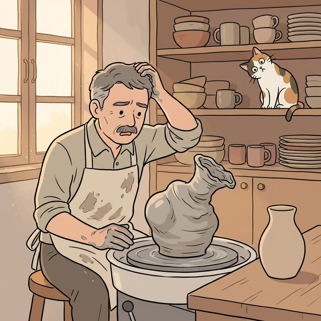 The potter frowned at the misshapen vase leaning sideways on the wheel.