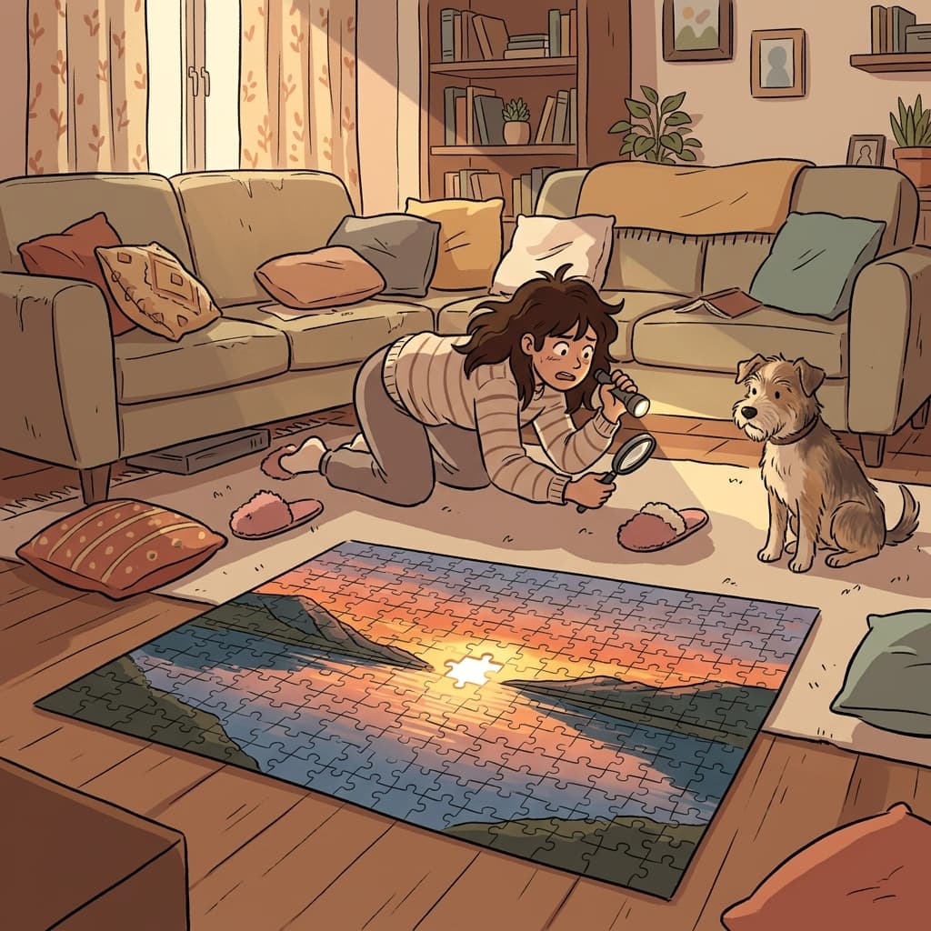 She searched everywhere for the missing puzzle piece under the couch.