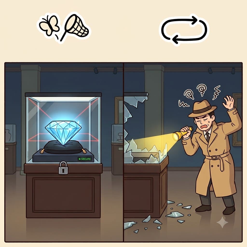 MISS(fail to find) + ING(state) — staying in a frustrating state(ING) where they continued to MISS(fail to find) the diamond, the police declared it officially missing.