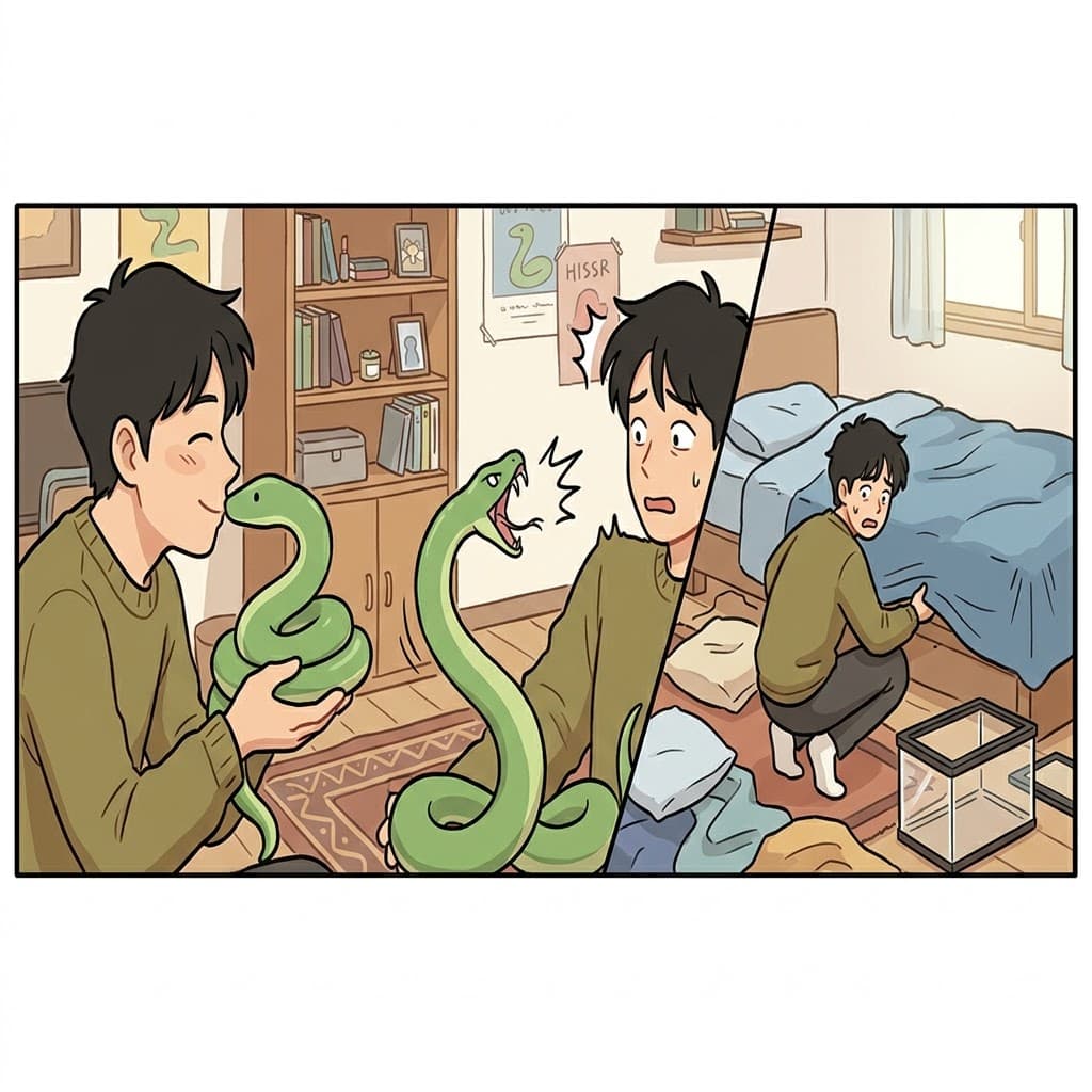 After softly kissing his pet snake, it made a violent hissing sound and quickly slid away, becoming completely missing.