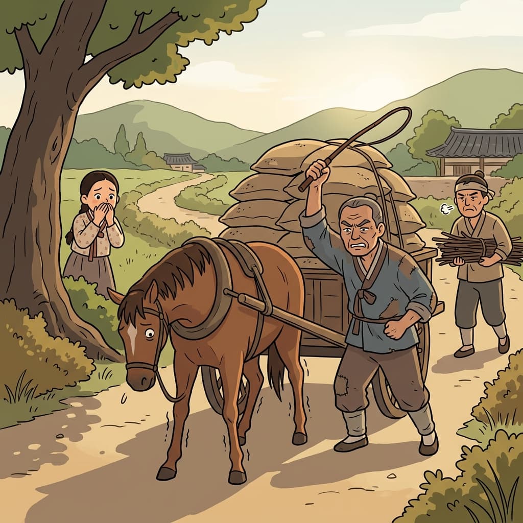 The cruel master mistreats the exhausted horse, whipping it without mercy.