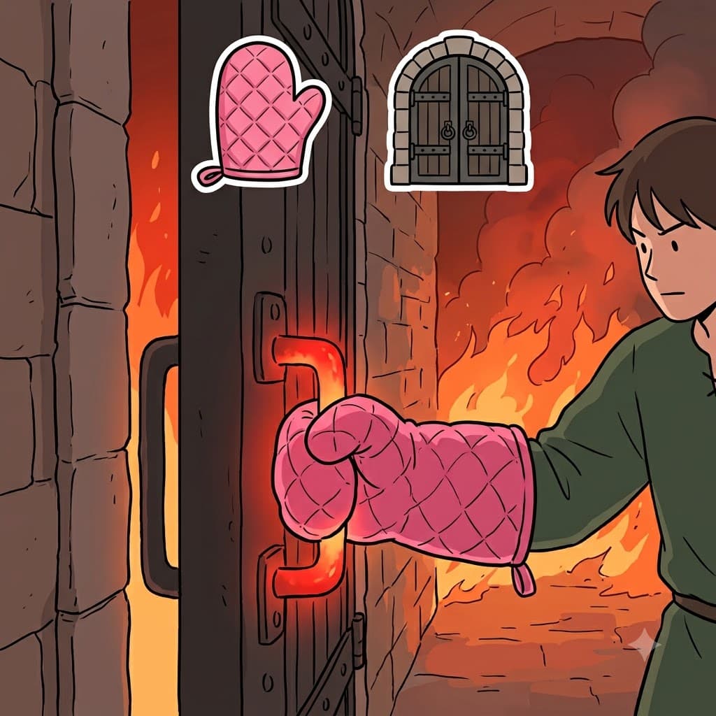 MITT(oven glove) + GATE(door) — wearing a thick oven MITT to grab the burning iron GATE managed to perfectly mitigate the heat.