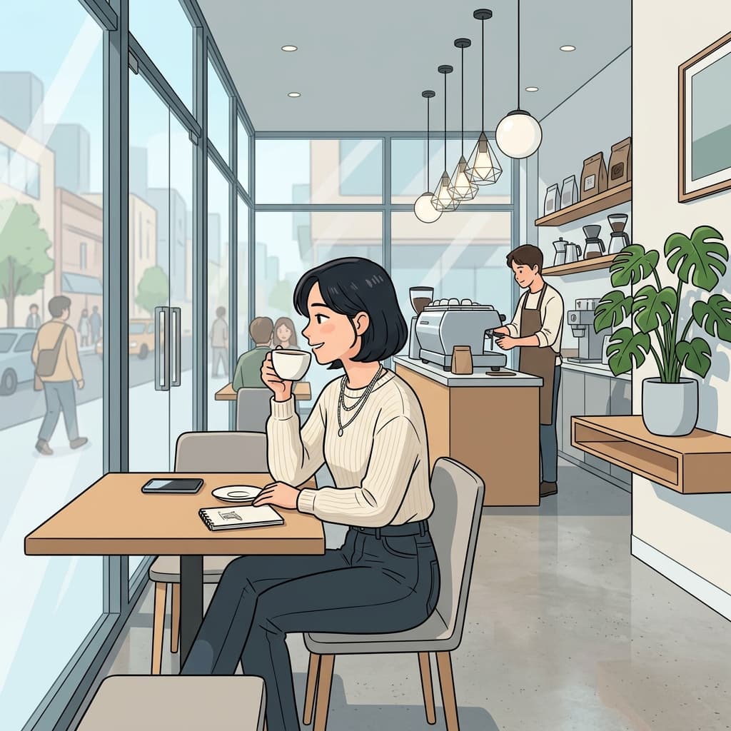She sips coffee in a modern cafe with sleek glass walls and minimalist furniture.