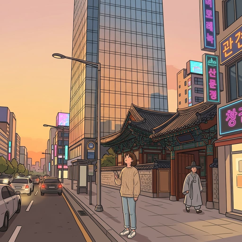 The old temple stands quietly beside the glass tower, showing modernity next to tradition.