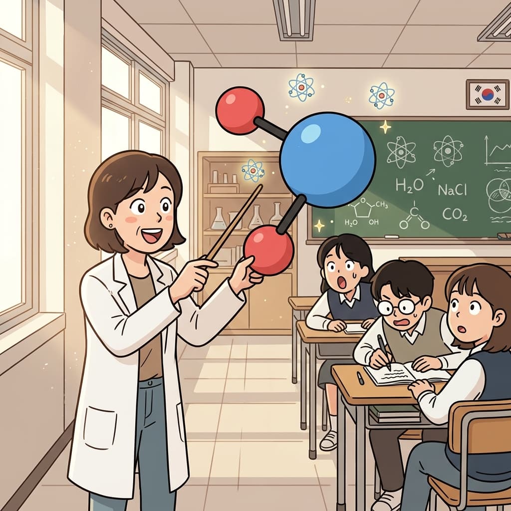 The chemist points at a molecular model showing how tiny atoms connect into water.