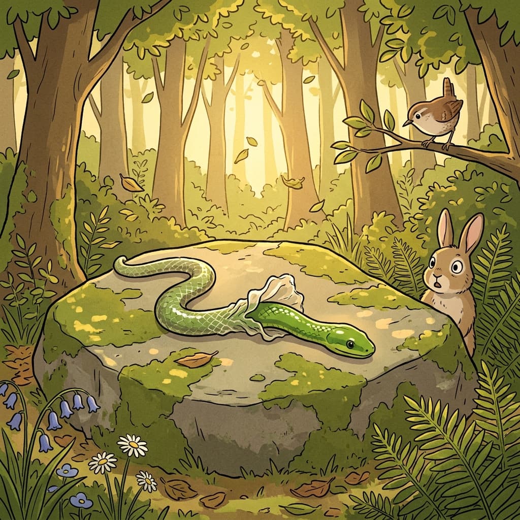 The snake begins to molt, sliding out of its old skin on a sunny rock.