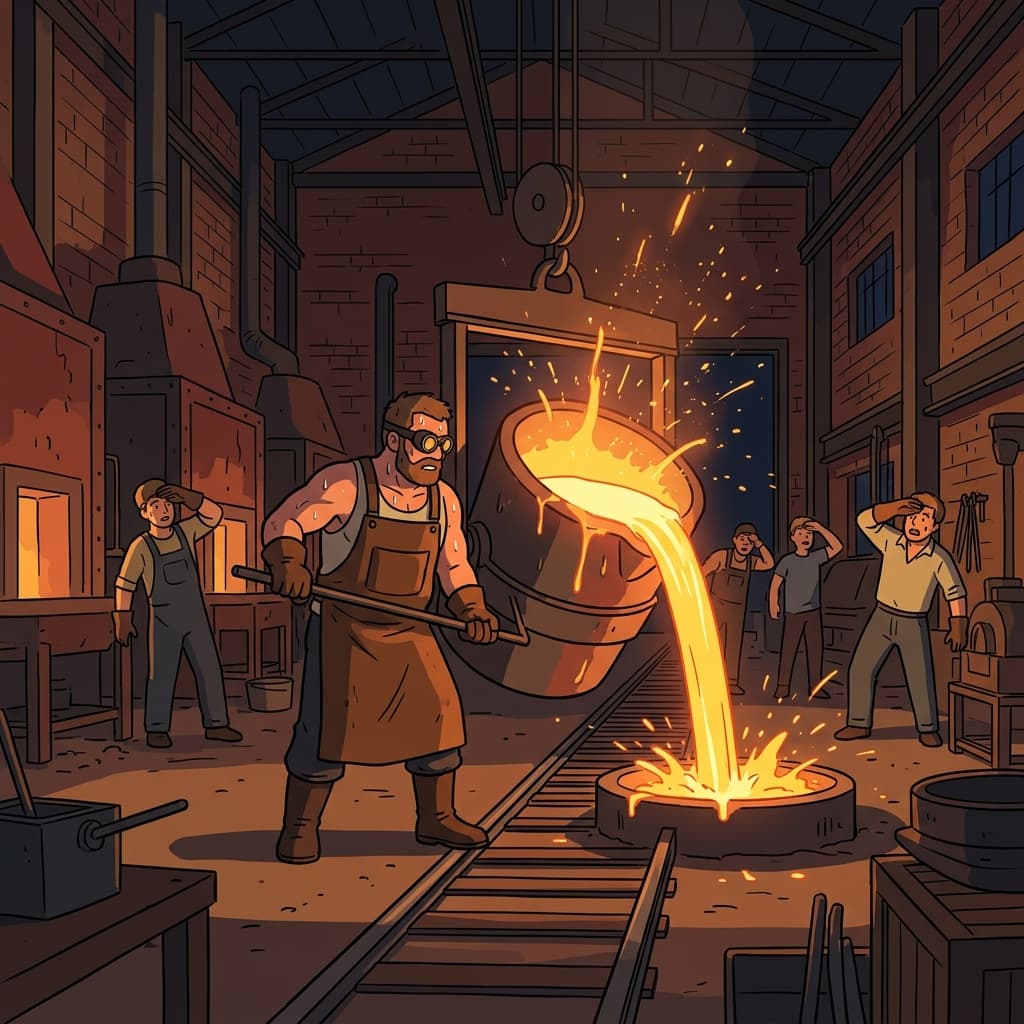 Molten iron pours from the furnace in a glowing orange river.