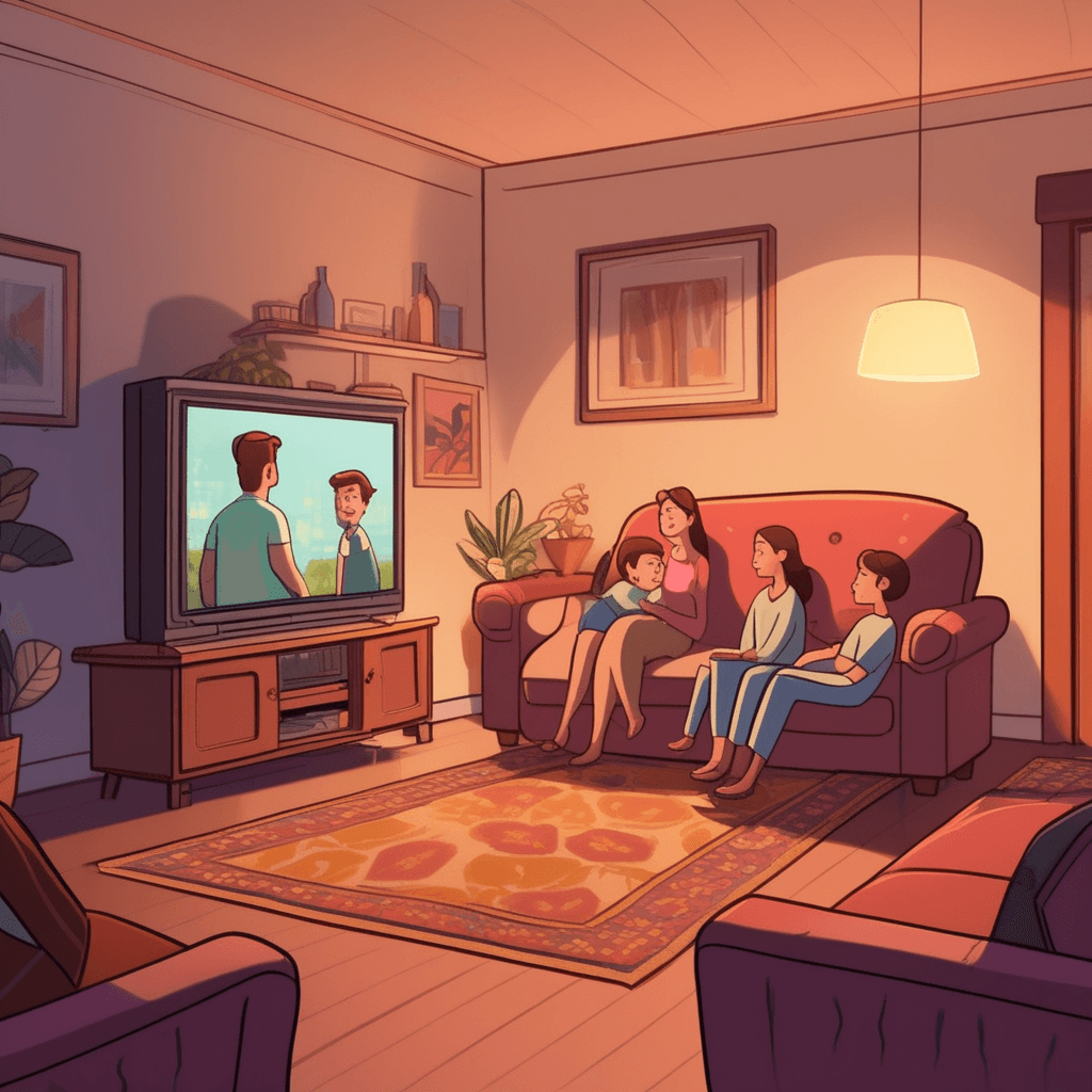 a family sits on a couch watching television when suddenly all the lights flicker and go out completely. The room plunges into darkness for just a few seconds before the lights immediately come back on. The father reaches toward a lamp while the mother holds a child who looks startled. Everyone blinks and adjusts their eyes as the room brightens again. The television screen flickers back to life showing the movie they were watching. power being lost for a very short time before returning.