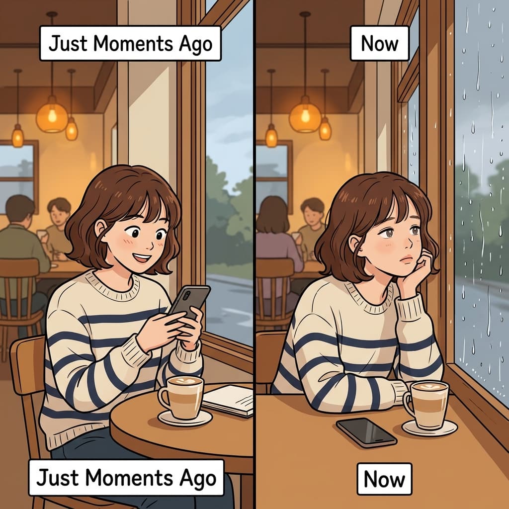 Her mood shifts the moment rain taps the cafe window.