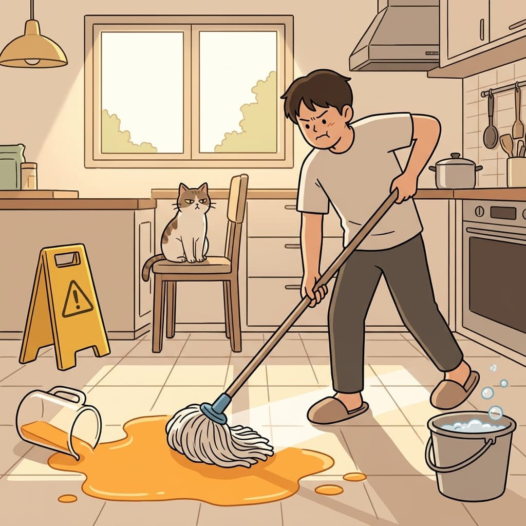 He grabs a mop to clean the huge juice spill on the kitchen floor.