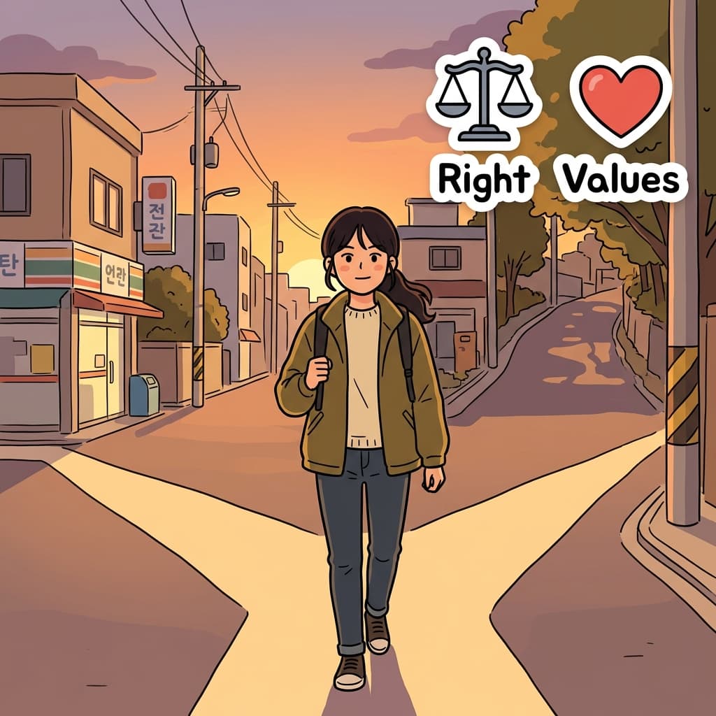 Her morality guided every difficult decision she made. (⚖️ Right + ❤️ Values → Morality = values that help us choose right over wrong.)