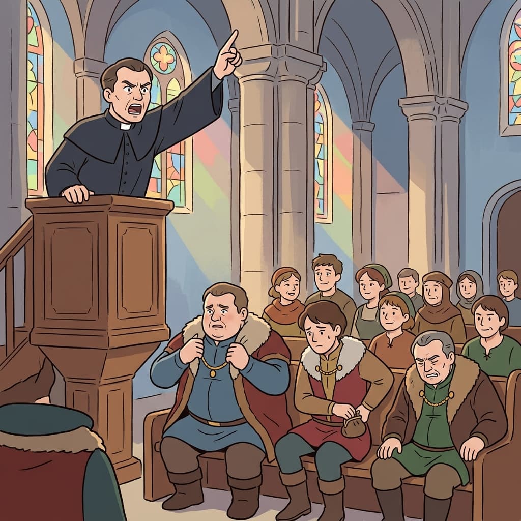 The preacher's moralization about greed made the wealthy merchants shift uncomfortably in their seats.