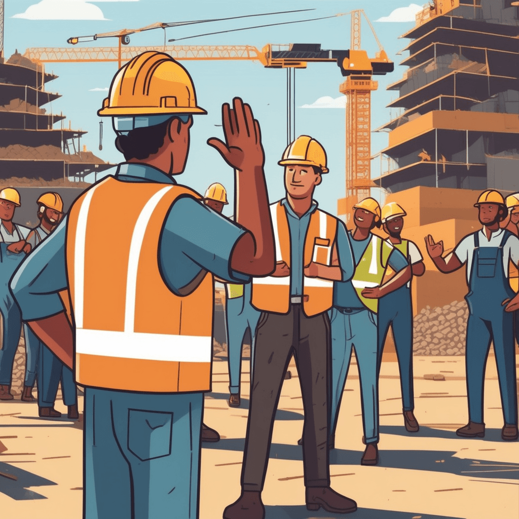 a construction foreman in a hard hat raises his hand in a stop gesture toward a group of workers. The workers immediately put down their tools and step away from the building frame they were assembling. The foreman points to dark storm clouds gathering overhead while explaining the situation. All construction equipment stands idle as workers gather their belongings and move toward shelter. a temporary prohibition or suspension of an activity