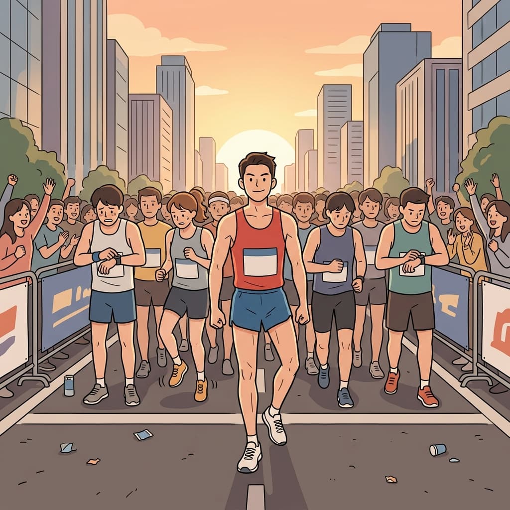 After months of training, the marathon runner is more than ready at the starting line.