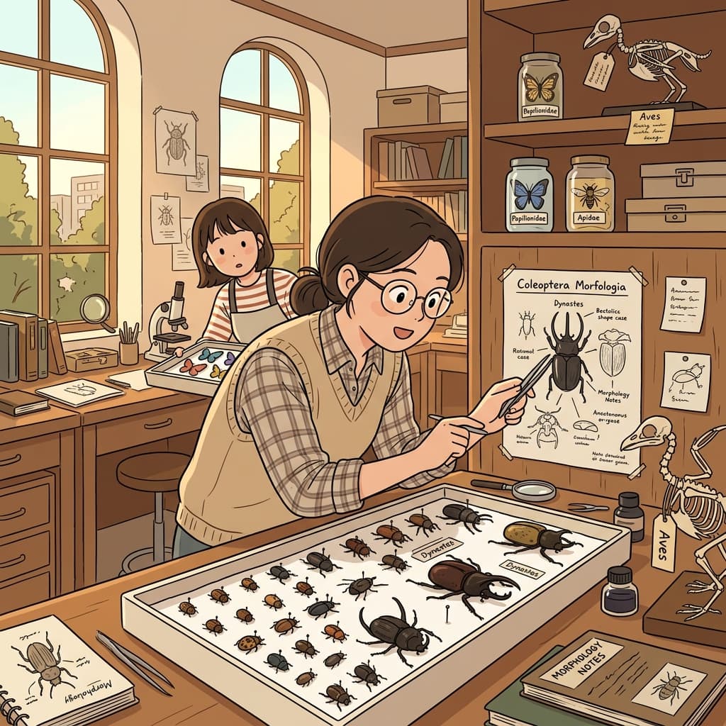 The biologist studies the morphology of beetles by comparing their shapes and structures.