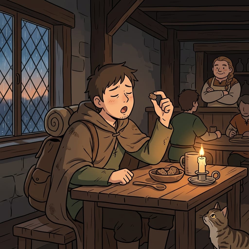 The hungry traveler savored every morsel of bread at the roadside inn.