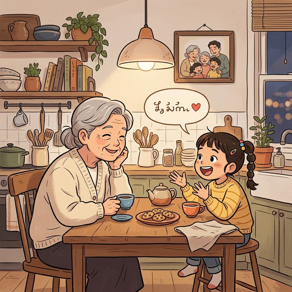 The little girl speaks her mother tongue with grandma at the kitchen table.
