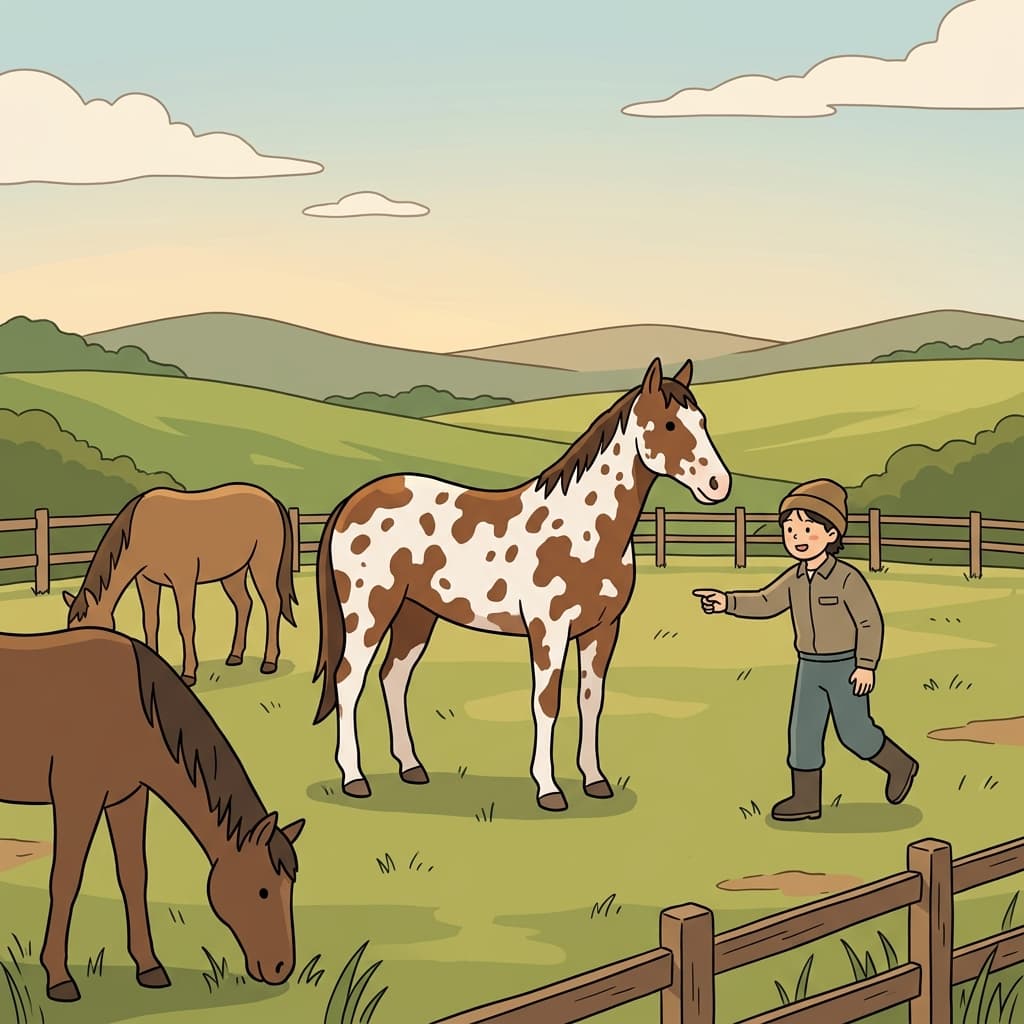 The mottled horse stood out with brown and white patches all over its coat.