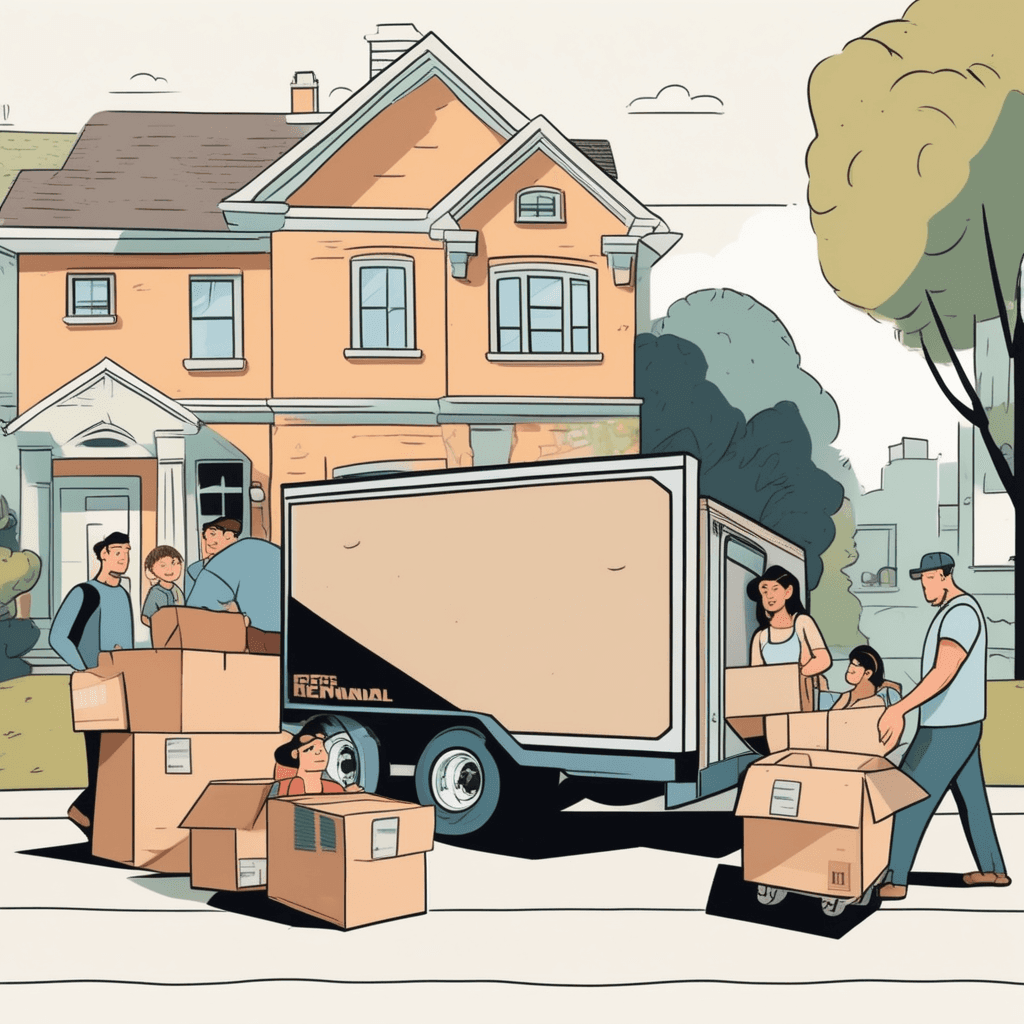 a stressed homeowner holds a clipboard with itemized bills while standing next to stacks of moving boxes. A uniformed moving company worker points to different services on the list including truck rental and labor fees. The homeowner's wallet sits open showing cash being counted out for payment. A second family member carries a heavy box toward the moving truck while looking concerned about the mounting expenses. the expenses incurred when relocating from one place to another, including hiring movers, transportation, and related services