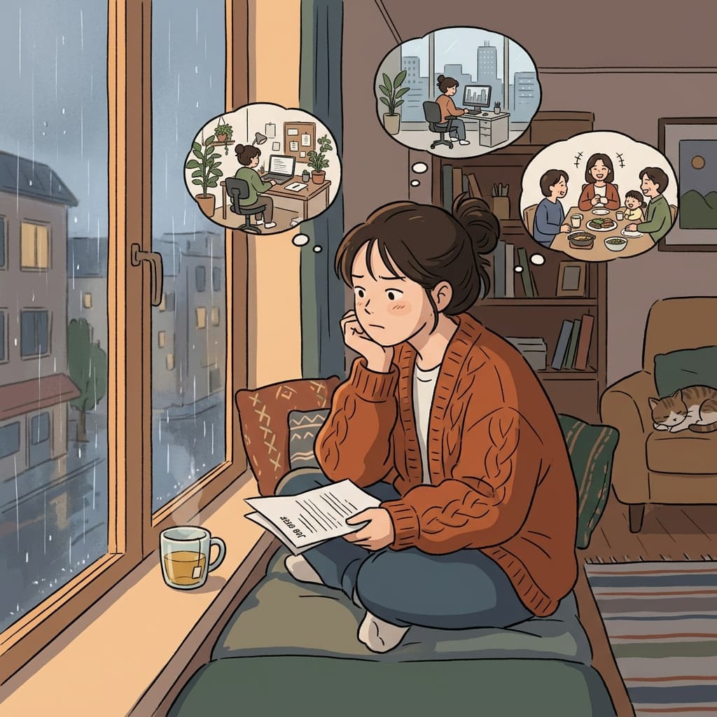 She sits by the window to mull over the job offer all evening.