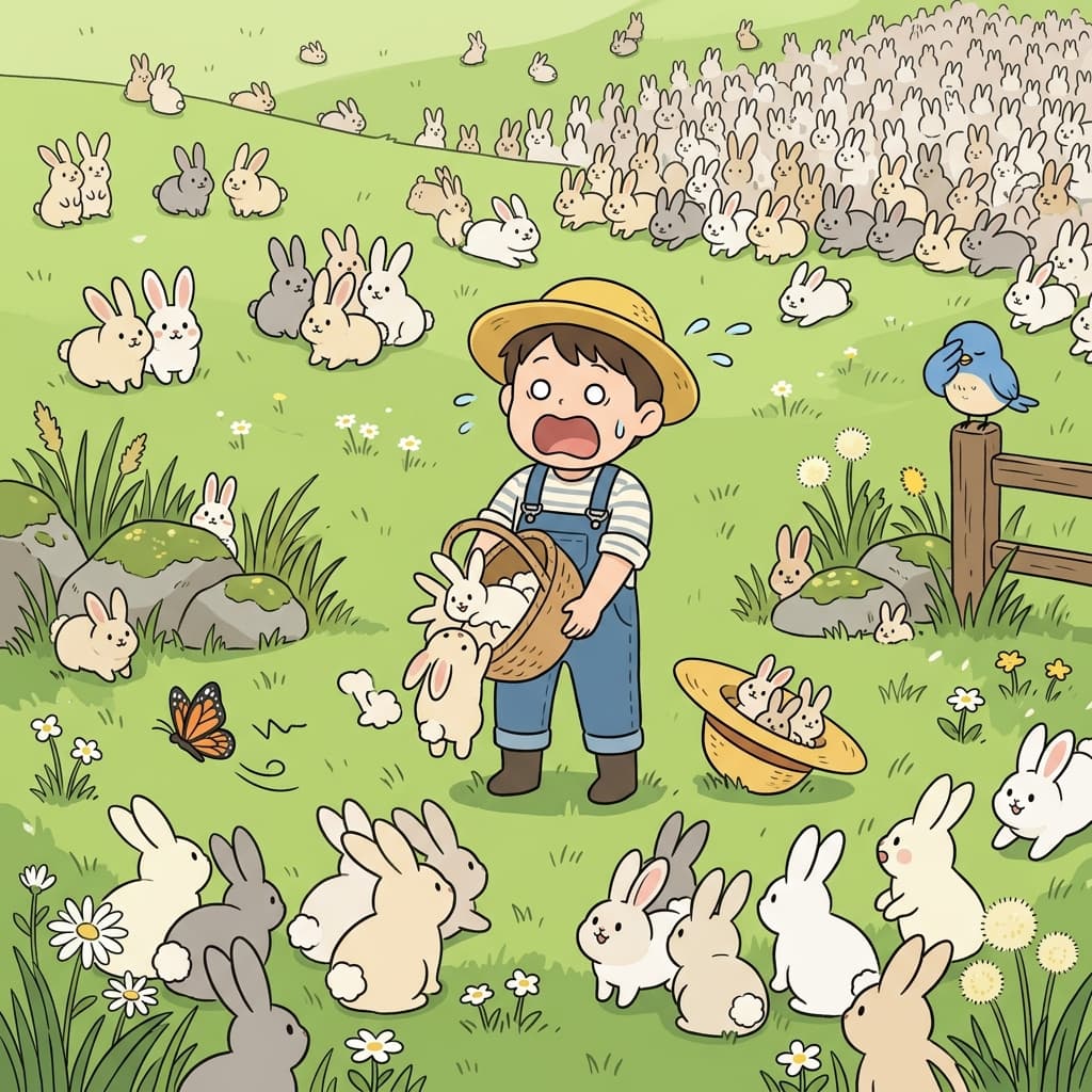 Rabbits multiply so fast that the meadow is suddenly full of them.
