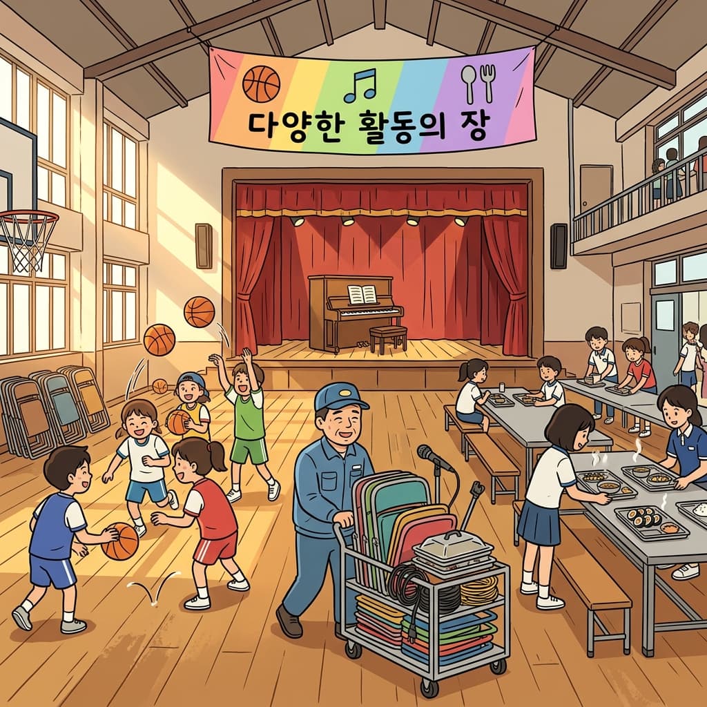 The school's multipurpose room becomes a stage, gym, and dining hall in one day.
